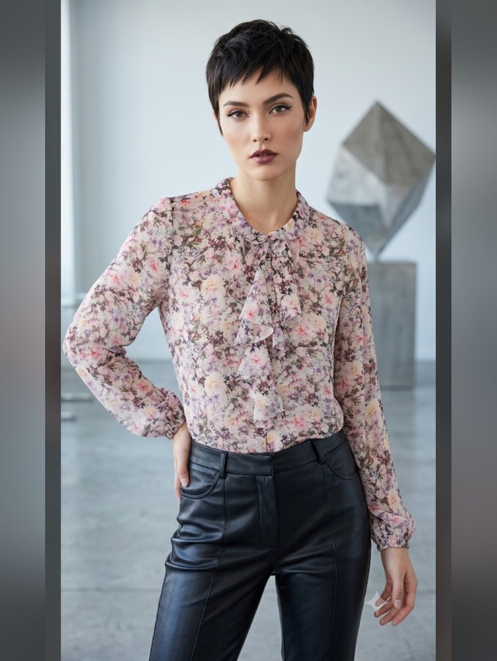 Cabi Pink Floral Ruffle-Front Blouse Woman's Sz M.